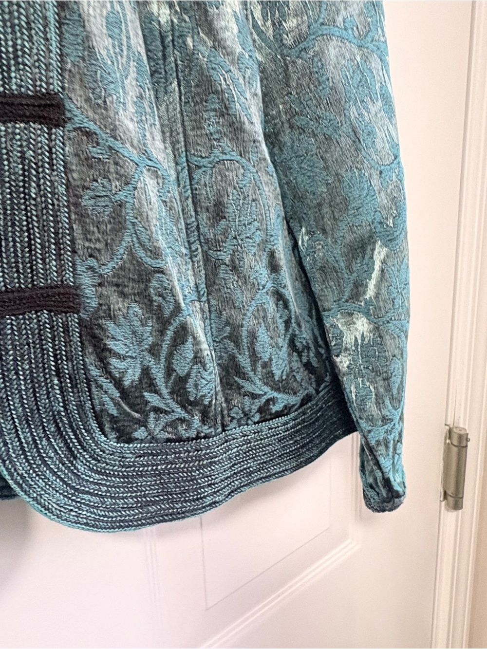 Vintage-Inspired Teal Brocade Jacket with Mandarin Collar Size XL - Picture 7 of 16
